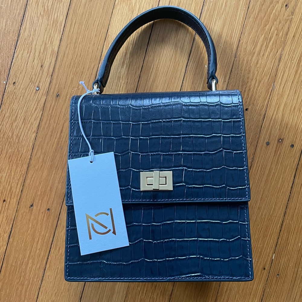 Neely & Chloe Mini Lady Bag Croc Embossed, NAVY,  NWT - Picture 5 of 5